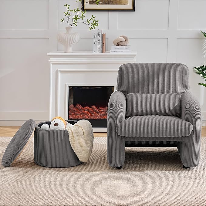 WUTUTUEE Corduroy Storage Ottoman with Flip-Top Tray, Modern Upholstered Ottoman Coffee Table, Dual Leg Options Ottoman Footrest for Living Room, Bedroom, Office, Grey