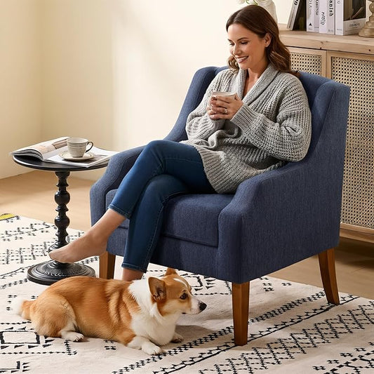 Accent Chair for Living Room,No Assembly Upholstered Mid Century Modern Comfy Tufted Armchairs with Wooden Legs,Sofa Chairs for Bedroom, Reading Waiting Room Apartment Dark Blue