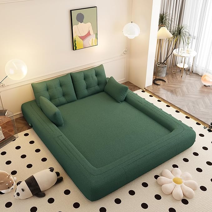 78.7" Convertible Sofa Bed, 3-in-1 Folding Floor Couch with 4 Pillows, Sleeper Sofa for Living Room and Guest Bed, No Assembly Required (Green, Teddy Fabric)