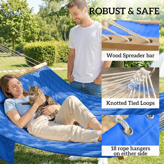 Outsunny Outdoor Hammock, 2-Person Hammock with Head Pillow and Pad, Wood Spreader Bars, 440 lbs Capacity, for Patio Yard Garden, 128" x 55", Navy Blue - Image 5