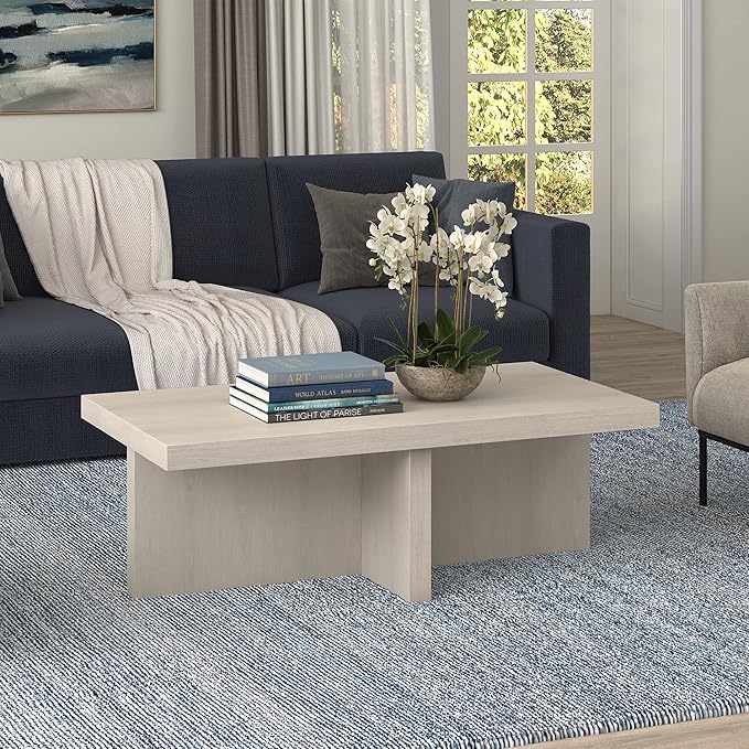 Henn&Hart 44" Rectangular Wood Pedestal Low-Profile Coffee Table for Living Room, Family Room, or Office, Beech White