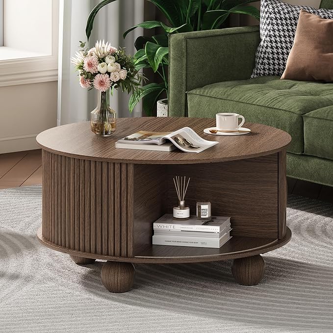 SULIVES Round Coffee Table with Storage, Unique Circle Drum Table with Sliding Door,Fluted Accent Center Table with Bun Feet for Living Room, Walnut
