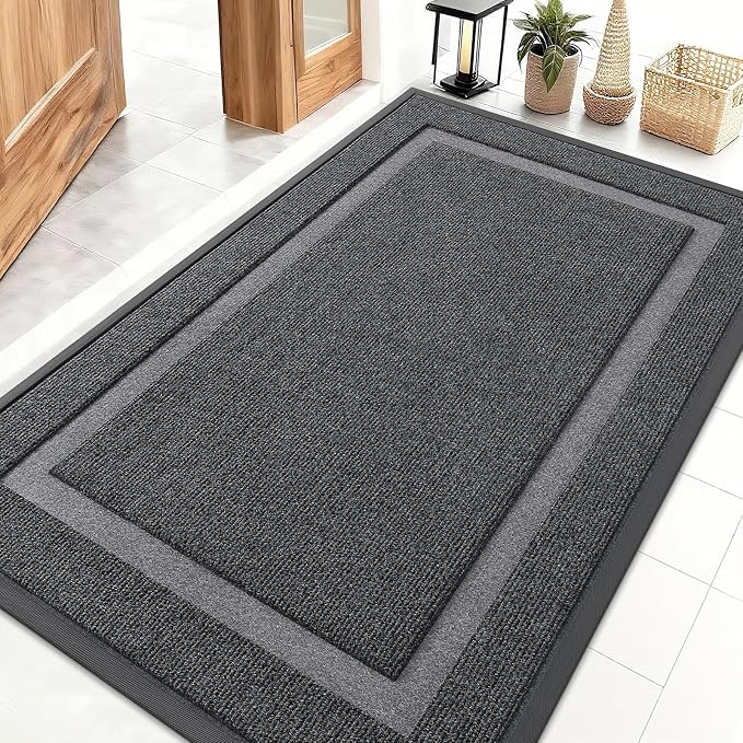 OLANLY Front Door Mat Indoor Outdoor Entrance, Waterproof All-Season, All-Weather Doormat, Sturdy Natural Rubber, Fade Resistant, Low Profile, Easy Clean Patio Porch Entryway Mat, 47x30, Grey by OLANLY