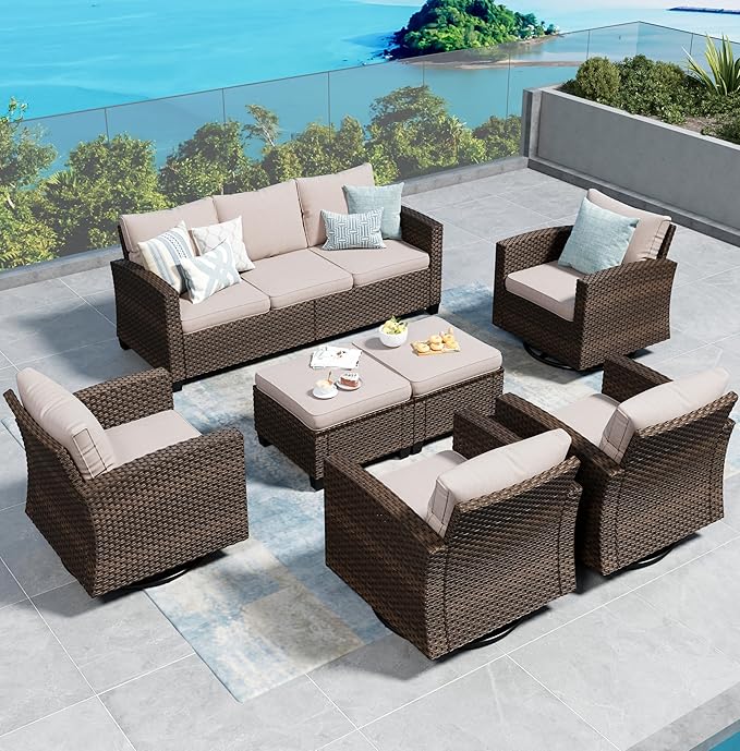 Swivel Glider Patio Furniture Set Outdoor Furniture Brown Wicker Rattan Patio Conversation Sets with Cushion Outside Sofa Set,7 Pieces,9 Seats,Beige