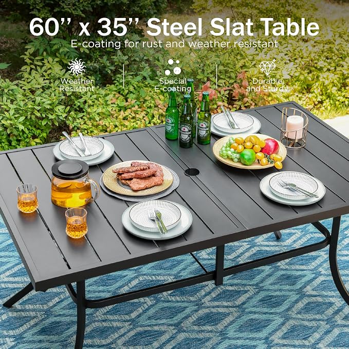 PHI VILLA 6-Person Outdoor Metal Steel Slat Dining Rectangle Table with Adjustable Umbrella Hole, Weather-Resistant for Patio Outdoor Use, Black - Image 5