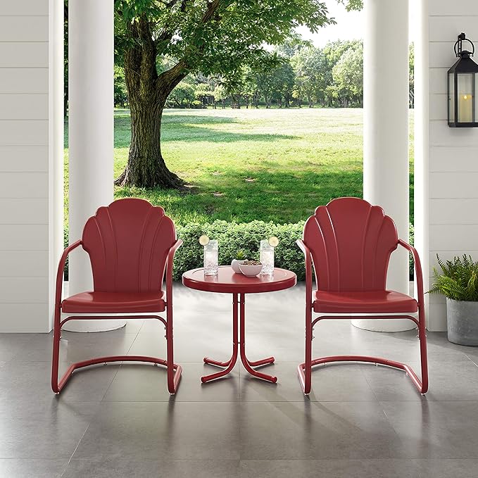 Crosley Furniture Tulip 3-Piece Outdoor Chair and Side Table Set, Retro Metal Patio Conversation Sets, Red