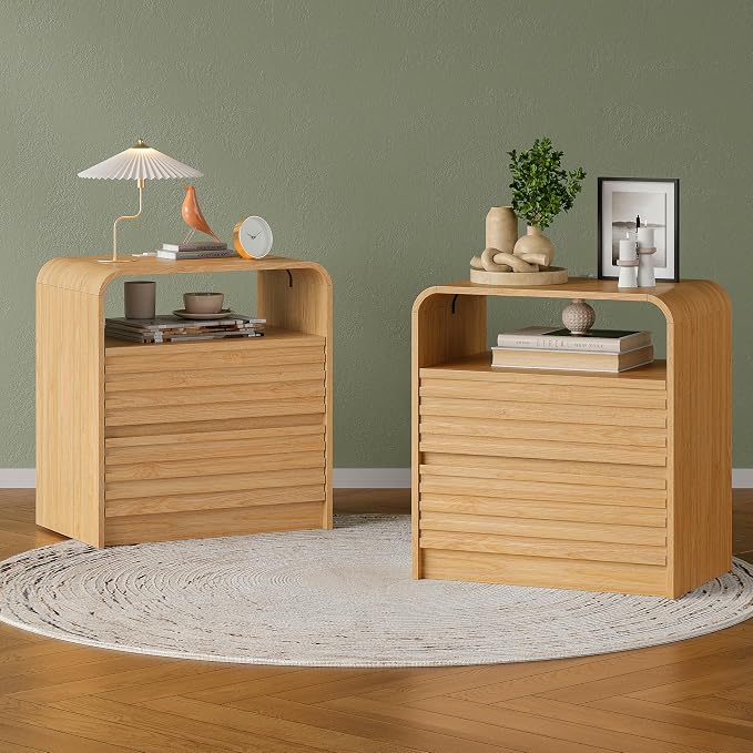Modern Nightstand with Charging Station, 23.6" Wide Wood Night Stand with 2 Storage Drawers and Curved Edge, Farmhouse Fluted Bedside Table, Bed Side Table, Small End Table for Bedroom, Natural Oak - Image 8