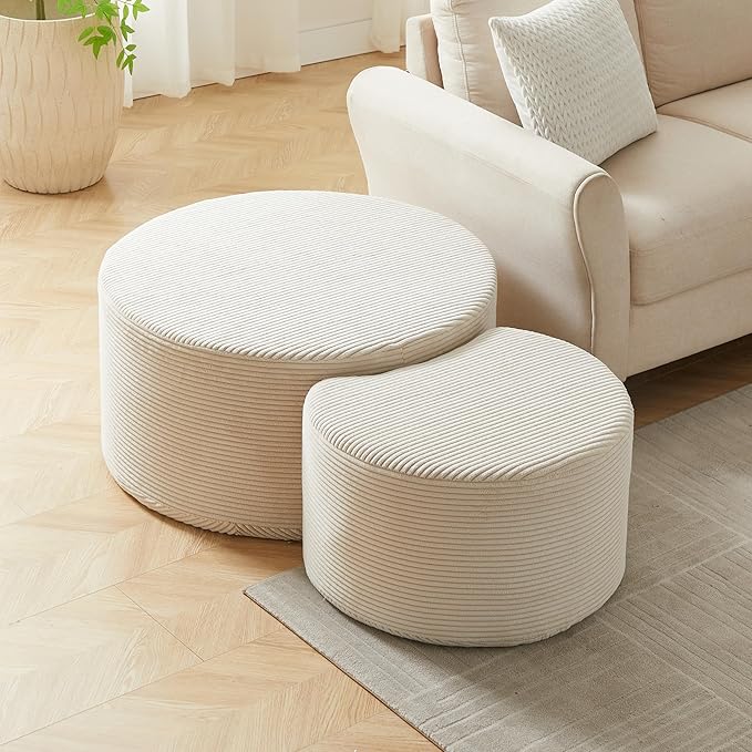 kevinplus 49.7'' Foam Round Nesting Coffee Table Set of 2, Modern Upholstered Side End Table Ottoman Footrest, No Assembly, Beige