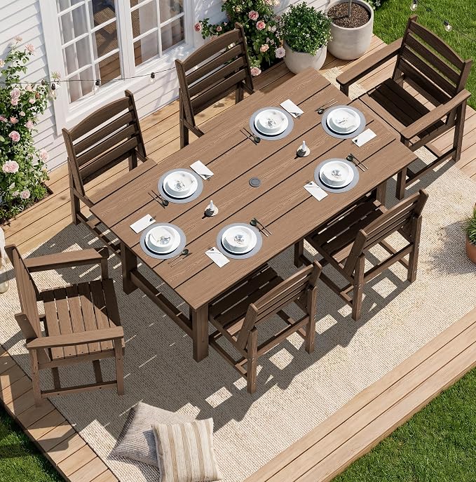 SERWALL Patio Dining Sets for 10 Person, HDPE Dining Set with 2 Tables, 8 Armless Chairs and 2 Armed Dining Chairs, Brown - Image 4