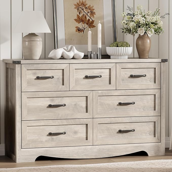 Dresser for Bedroom with 7 Drawers, 58" Wide Wood Chest of Drawers with Deep Drawers & Mental Handle, Modern Dresser TV Stand, Wooden Closet Storage Organizer for Living Room, Hallway, Entryway, Grey - Image 3