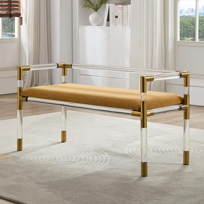Bedroom Bench with Low Back, Acrylic and Stainless Steel Combination,Upholstered Seat(Yellow) by ForshareKC