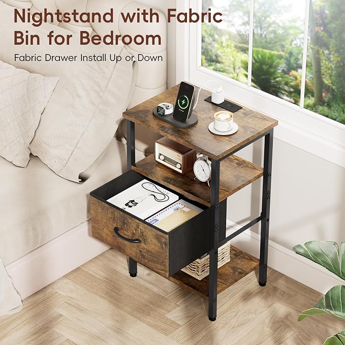 Vagusicc Nightstand with Charging Station, Bed Side Table with Adjustable Fabric Drawer, Night Stand for Bedroom, 3-Tier End Table with Storage Shelf for Living Room, Tall Bedside Table, Brown - Image 5
