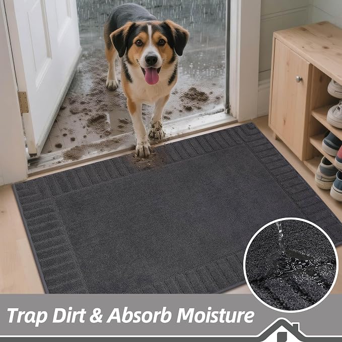 BEQHAUSE Door-Mat-Non-Slip Front Door Mat Washable Low-Profile Entrance Rugs for Front Door Entry Dirt Trapper Door Mats Absorbent Welcome Mats,20"x32",Dark Grey - Image 3