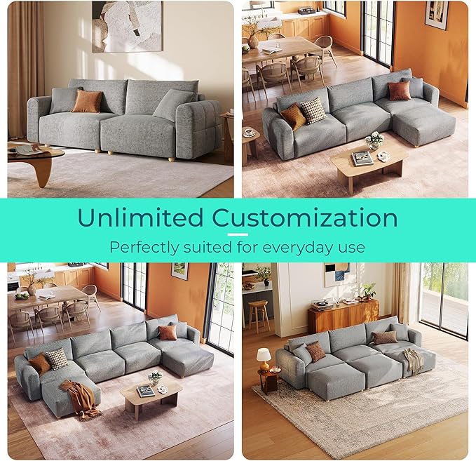 LINSY HOME Cloud Couch Sectional, Modular Sofa Sectionals for Living Room Bedroom, 91" L Shape Love Seat Couch with Ottoman, 2 Seater Deep Seat Cozy Couch Luxury Chenille Sofas, Grey