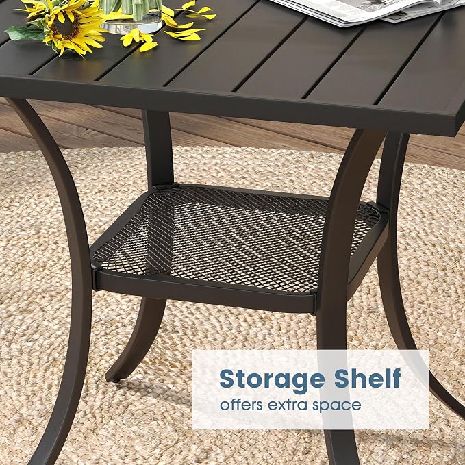 DIFY 3-Piece Outdoor Patio Bistro Dining Set, Walnut Small Square Dining Table & 2 Brown Stackable Metal Chairs with Breathable Fabric, Outdoor Furniture Set for Balcony, Porch, and Deck - Image 7