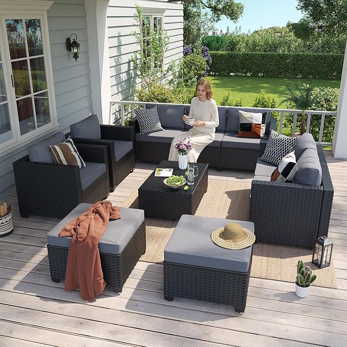 Aoxun 10 Piece Outdoor Patio Furniture Set 9 Seats, Outdoor Sectional with Thick Waterproof Cushions & Storage Coffee Table, Patio Conversation Sets for Garden,Backyard, Porch, Balcony, Deck, Gray
