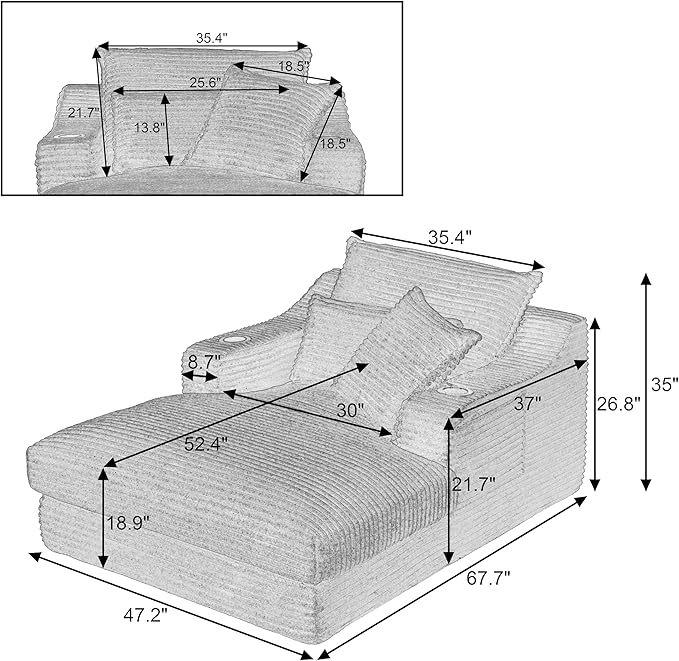 47 Inches Oversized Chaise Lounge Chair Indoor, Fluffy Corduroy Upholstered Boneless Sleeper Sofa Couch with Cupholders and 3 Throw Pillows, Deep Seat Lazy Lounger Cloud Couch Bed for Living Room