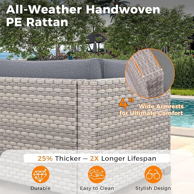 12-Seat Modern Outdoor Wicker Rattan Patio Furniture Set with 55,000 BTU Fire Pit Table, Thick 4″ Cushions, All-Weather Dual-Strand Rattan, Rust-Resistant Steel Frame,Gray
