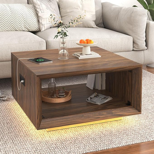 32" Mid Century Modern Coffee Table for Living Room, Square Center Table with LED Light & Power Outlet, Cocktail Table with Storage, 2-Tier Minimalist, Deep Beveled Edge, Wood Thick Design, Walnut