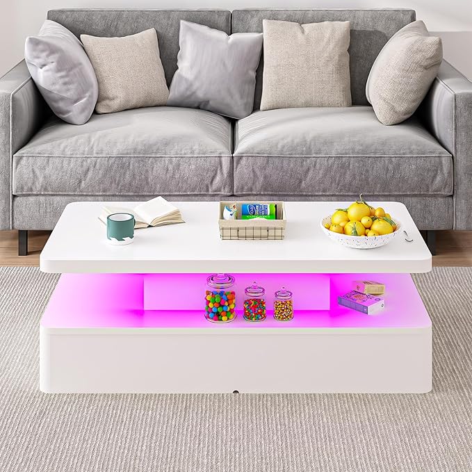 47" Modern Living Room Tables, LED Coffee Table with LED Lights, 2 Tier Rectangular Center Table with Large Storage, High Glossy Surface, Tea Table for Living Room, White