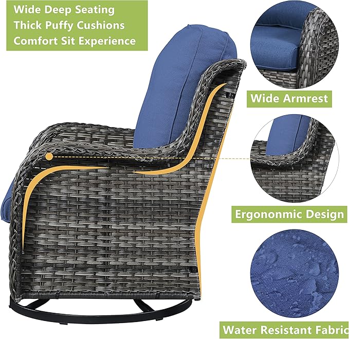 Rilyson Wicker Rocking Chair Swivel Chairs – 6 Piece Rocker Patio Furniture Set Rattan Rocking Bistro Sets with Glass Top Side Table for Outdoor Porch Deck Garden Backyard(Mixed Grey/Blue)