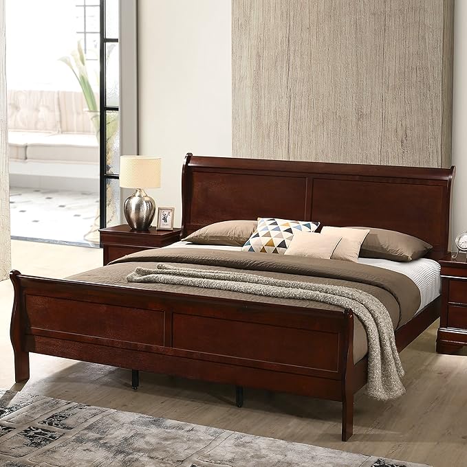 Roundhill Furniture Isola Louis Philippe Style Sleigh Bedroom Set, King Bed, Dresser, Mirror and Night Stand, Cherry Finish