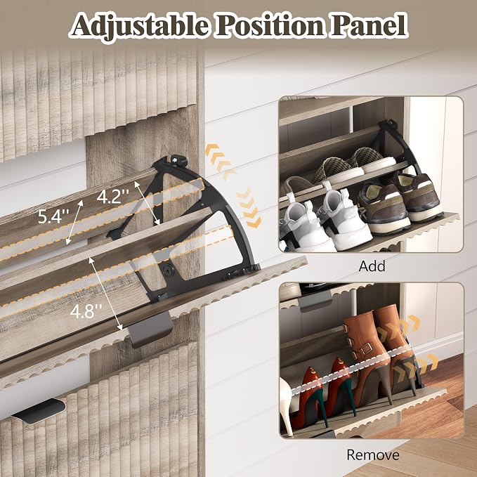 HUANLEGO Shoe Cabinet Storage for Entryway with 6 Flip Drawers, Fluted Narrow Shoe Organizer with Wooden Legs, Freestanding Slim Shoe Storage Hidden Shoe Rack Organizer for Front Door Entrance, Grey - Image 4