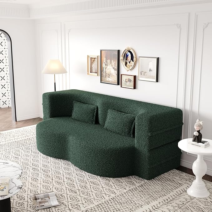 Ball & Cast 78" Floor Sofa Bed with 2 Pillows,Convertible Teddy Fabric Foam-Filled Sleeper Sofa Bed,Pull Out Couch Full Size Folding Mattress for Living Room,Playroom,No Assembly Required,Green