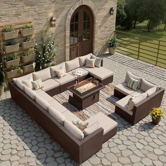 BULEXYARD 15 Piece Highback Wicker Patio Furniture Sets with Firepit, All-Weather Heavy Duty Outdoor Conversation Set Modular, Extra Deep Wide 14-Seats Sectional Couch Sofa for Backyard, Brown & Beige