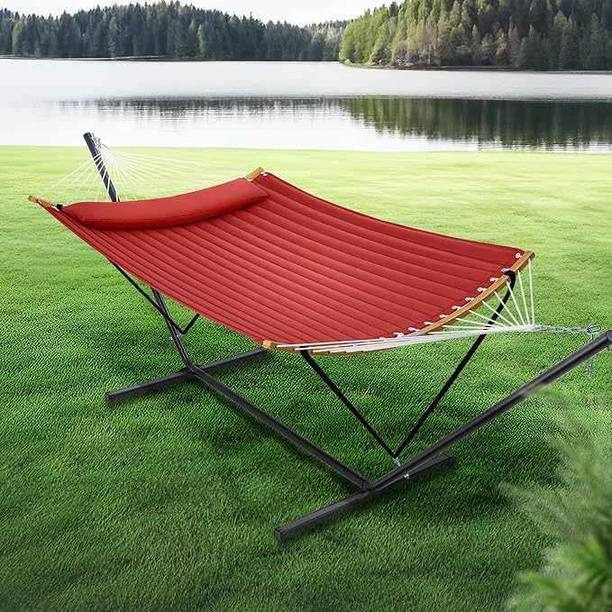 SUPERJARE Hammock with Stand, 2 Person Heavy Duty Hammock with Padded Cotton, Detachable Pillow & Strong Curved-Bar & Portable Carrying Bag, Perfect for Outdoor & Indoor, Red - Image 3