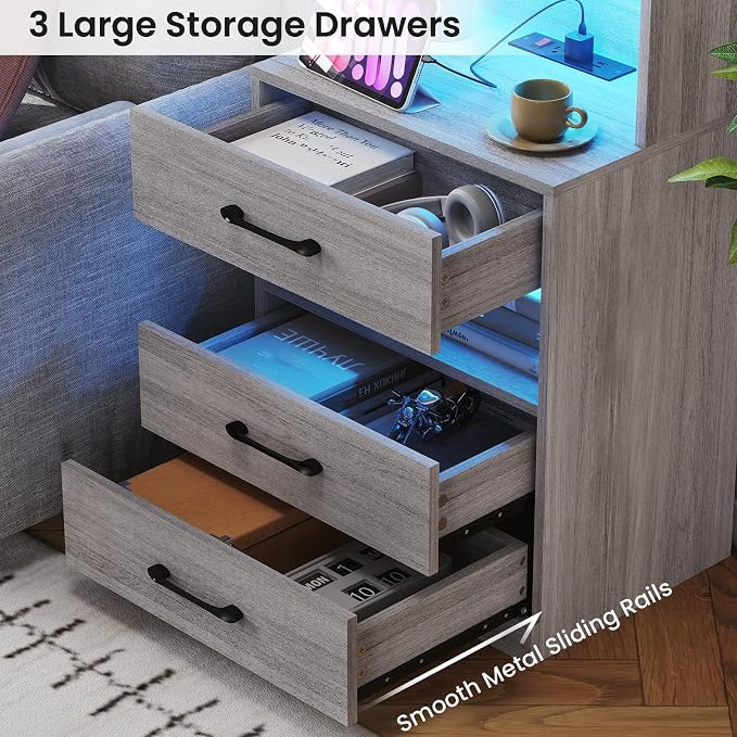 VIAGDO Tall Nightstand with Charging Station and LED Lights, Large Grey Night Stand with Bookshelf, Modern LED Bedside Table with 3 Drawers and Storage Shelves, End Side Table for Bedrooms, Dorms - Image 4