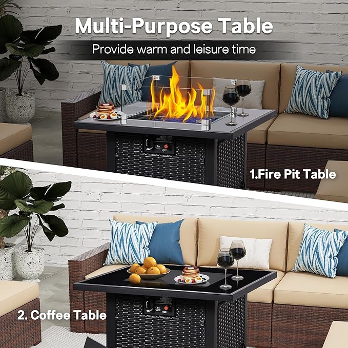 FHFO 5 Piece Outdoor Patio Furniture Set with 28”Gas Fire Pit Table & Ice Bucket Storage Box, Outdoor Wicker Rattan Patio Conversation Set for Outside, Poolside, Balcony, Porch, Brown-Blue