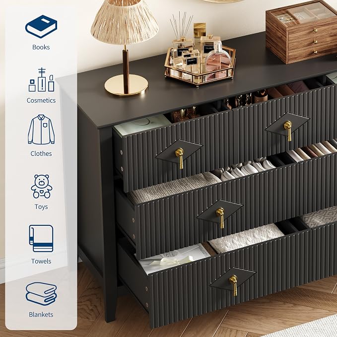 GarveeHome Fluted Dresser for Bedroom, 54 Inch Wide 7-Drawer Wood Dresser, Modern Chest of Drawers, Storage Organizer Cabinet for Living Room, Hallway, Entryway, Black - Image 3