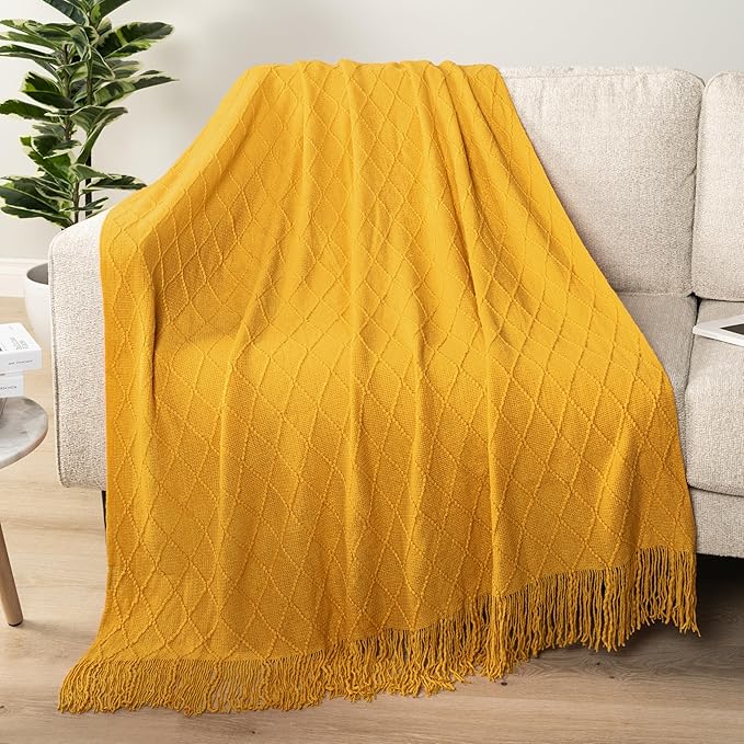 PAVILIA Mustard Yellow Knit Throw Blanket for Couch, Twin Bed, Soft Knitted Farmhouse Sofa Throw for Living Room, Lightweight Decorative Fall Blanket for Chair, Outdoor Textured Boho Blanket, 60x80