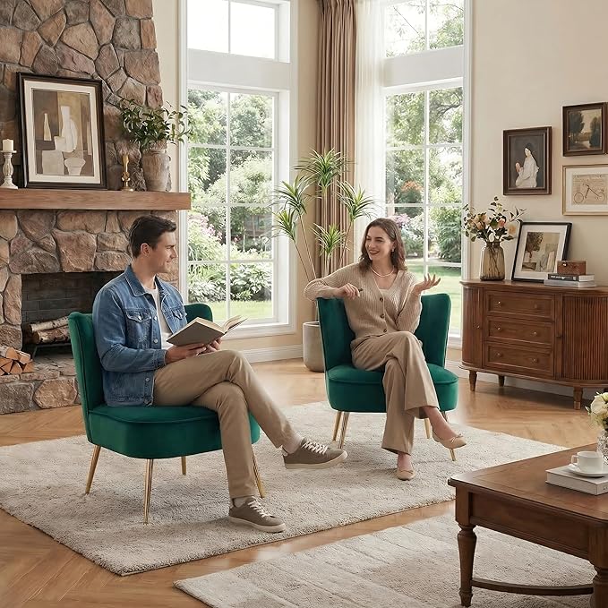 DUOMAY Modern Accent Chair Set of 2 Velvet Slipper Chair with Gold Legs Wingback Side Chair for Living Room Bedroom Entryway Small Corner Chair for Space Saving, Green