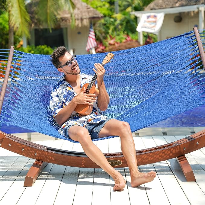 Lazy Daze Hammocks 10.5 FT Double 2 Person Caribbean Rope Hammock, Hand Woven Polyester Hammock with Spreader Bars, for Outside Outdoor Backyard Patio Poolside, 450 LBS Capacity, Blue - Image 2
