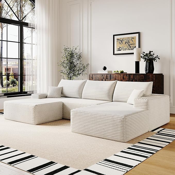 107" Corduroy Couch with Ottoman, Cloud Sectional U Shaped Sofa, Deep Seat Boneless Couches for Living Room Bedroom Apartment, Compressed Foam No Assembly Required, Right Facing Chaise, White