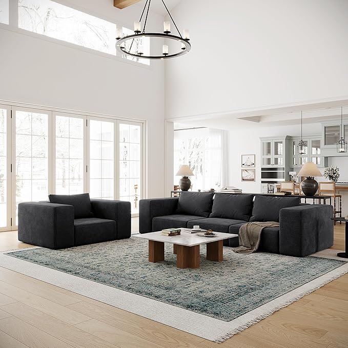 Acanva Oversized Modular Sectional Sofa with Removable Washable Slipcovers, Modern Low Profile Deep Seat Couch for Living Room, Chenille-Black, Armless Chair