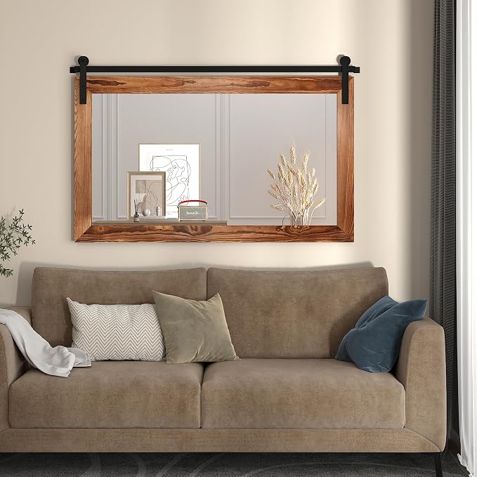 COGOOD Farmhouse Bathroom Mirror - 41" x 30" Rustic Barn Door Mirror for Living Room, Entryway, Bedroom, Vanity Wall Decor (Brown) - Image 2