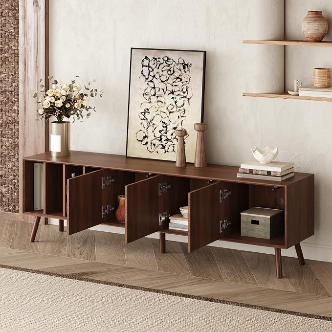 Merax 70" TV Stand for TVs Up to 80", Modern Entertainment Center with 3 Doors and Vertical Open Shelves, Media Console with Unique Mosaic Front Design for Living Room - Image 2