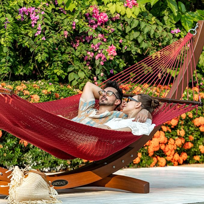 Lazy Daze Hammocks 10.5 FT Double 2 Person Caribbean Rope Hammock, Hand Woven Polyester Hammock with Spreader Bars, for Outside Outdoor Backyard Patio Poolside, 450 LBS Capacity, Red - Image 9