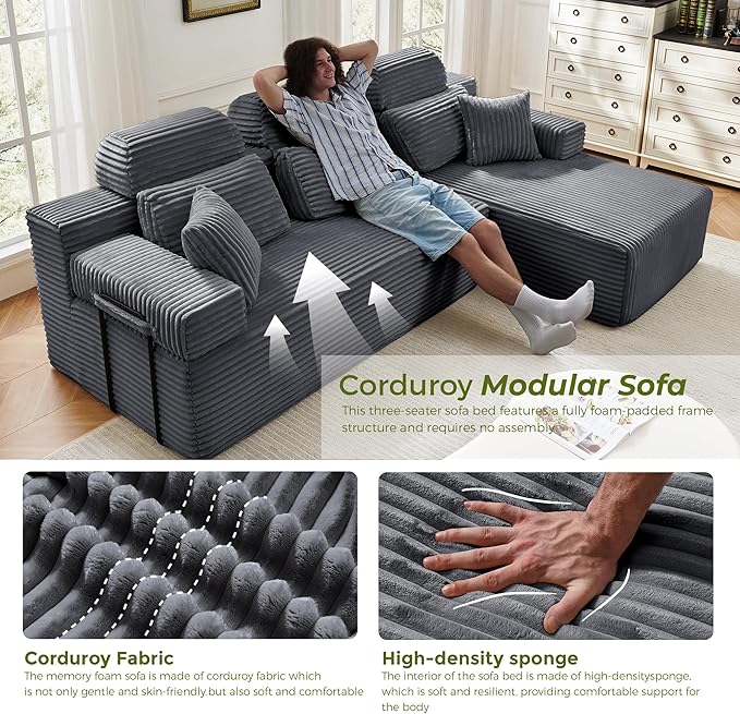 104" L-Shaped Cloud Modular Sectional Sofa with Chaise & Headrest, Boneless Deep Seat Plush Corduroy Couches for Large Living Room, No Assembly Required (Dark Gray, 104" L-shapred Chaise)