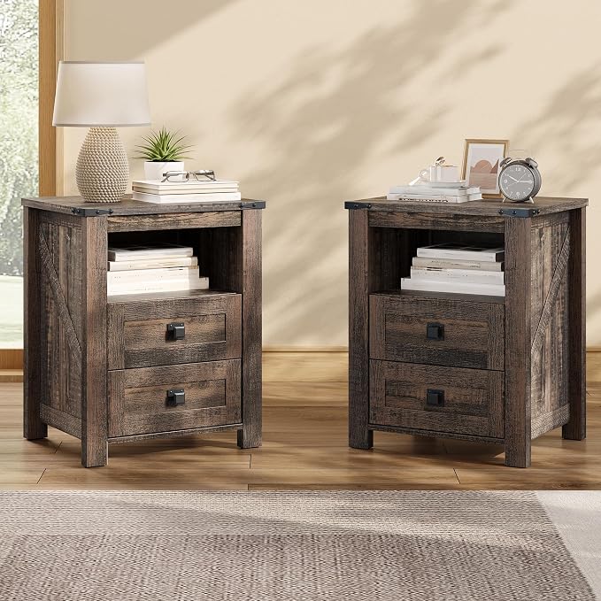 AMERLIFE 18" Farmhouse Nightstand Set of 2, Wooden Bedside Table with 2 Drawers & Open Shelf, Rustic End Table for Bedroom/Living Room, Black Oak by AMERLIFE