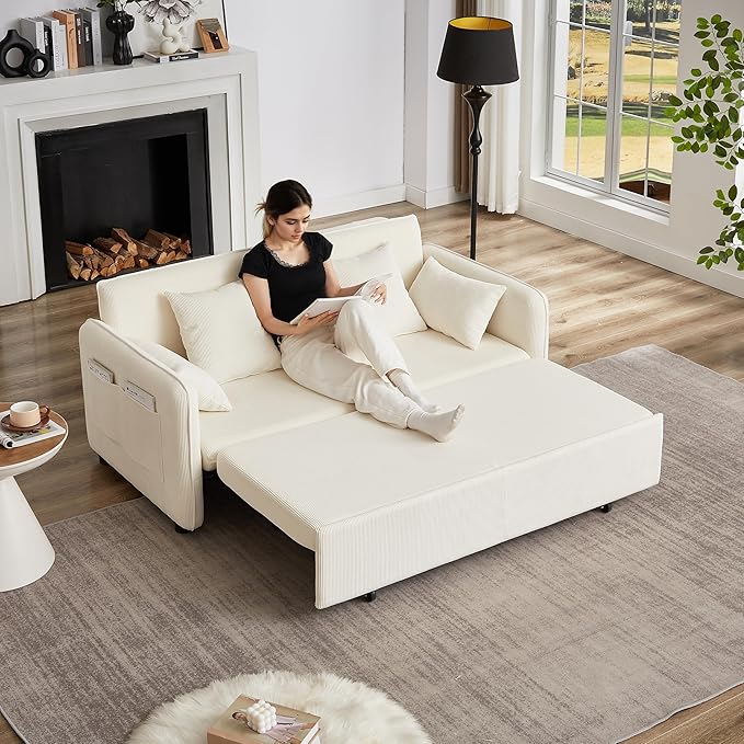 Ball & Cast 66" Convertible Sofa Bed,3-in-1 Corduroy Loveseat Sleeper Pull Out Couch Bed with Pillows and Side Pockets, Deep Seat Comfy Sofa Couches for Living Room,Apartment,Beige