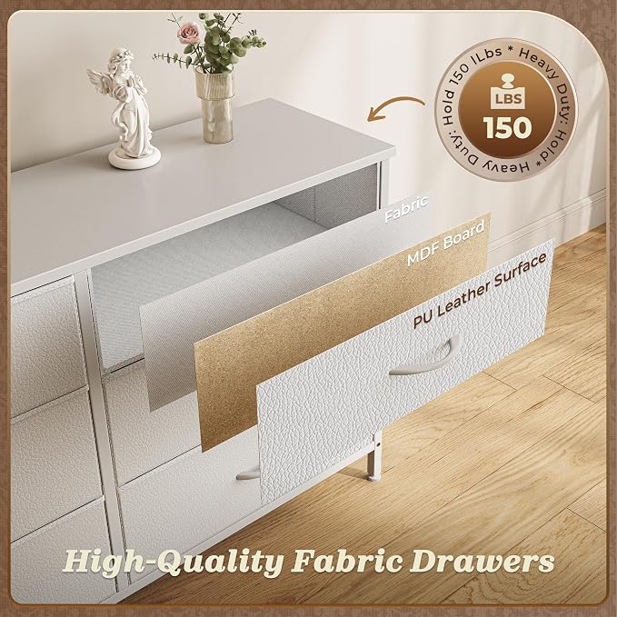 Huuger 70 Inch White Dresser for Bedroom, TV Stand for 65, 75, 80 Inch TV, 13 Fabric Drawer Long Dresser, Wide Chest of Drawer, Storage Units for Bedroom - Image 8