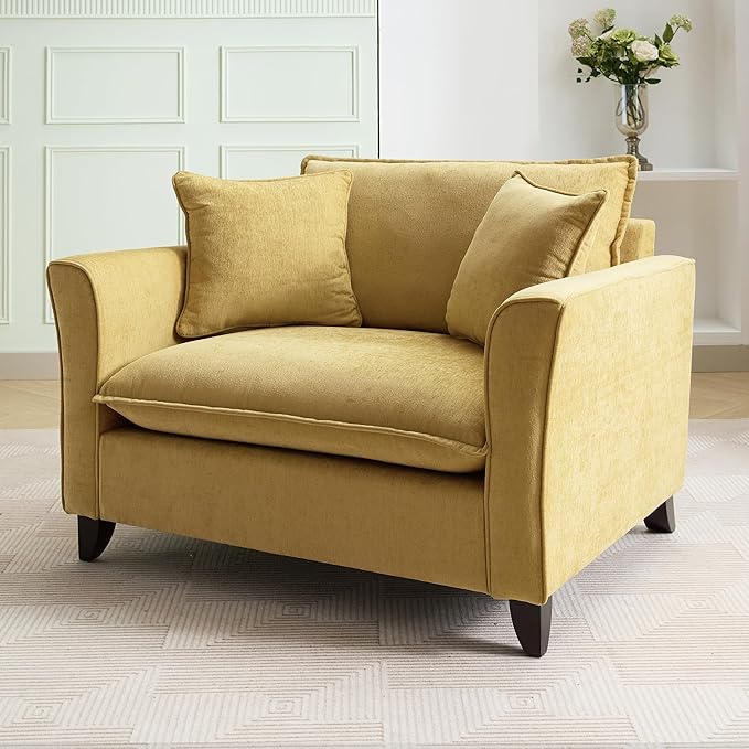 46.3 Inch Oversized Armchair Chenille Fabric Chair and a Half Single Sofa with Pillow Removable Washable Covers Rubberwood Legs Ruffled Armrests for Living Room Bedroom Office Apartment, Yellow