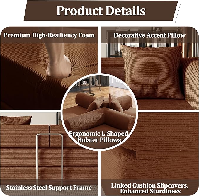 59'' Convertible Compressed Corduroy Folding Cloud Sofa Bed, Modern Boneless Pull Out Loveseat Sleeper in a Box, 4 in 1 Floor Mattress Futon Cloud Couch, No Assembly Needed, Caramel, 2 Pillows, Queen