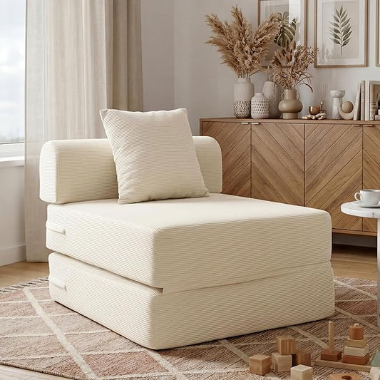 31.5'' Convertible Compressed Corduroy Folding Cloud Sofa Bed, Modern Boneless Pull Out Sleeper Sofa Couch in a Box, 3 in 1 Portable Lazy Floor Lounge Chair, No Assembly Needed, Beige, Pillow, Single