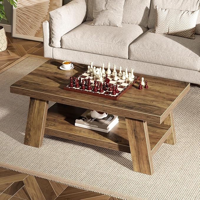 Tribesigns Farmhouse Coffee Tables for Living Room, 47.24" Rectangle Coffee Tables with Storage Shelves, Rustic Wooden Center Table for Apartment, Home Office (Rustic Brown)