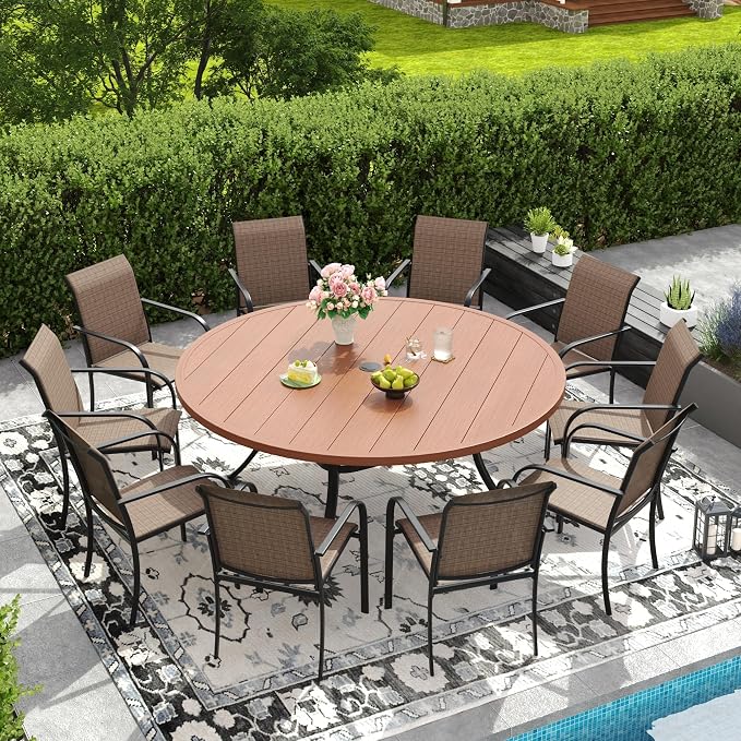 DIFY Patio Dining Set for 10, 11 Piece Outdoor Table and Chairs Set, 63" Walnut Round Metal Patio Dining Table and Brown Textilene Stackable Patio Chairs, for Backyard Garden Poolside by DIFY